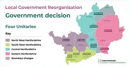 GOVERNMENT ANNOUNCES FOUR UNITARY AUTHORITIES IN HERTFORDSHIRE 