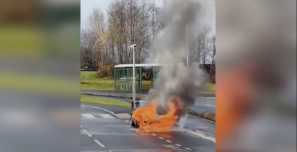 TAXI ENGULFED IN FLAMES AT TRAIN STATION IN EAST KILBRIDE AFTER PASSENGER ALERTS DRIVER