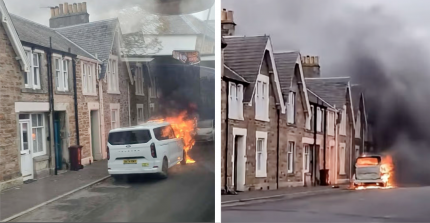 TERRIFYING MOMENT TAXI ENGULFED IN FLAMES EXPLODES ON QUIET FIFE STREET